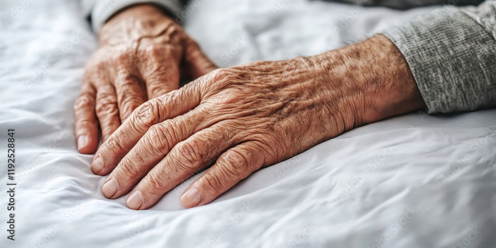 Fototapeta premium Senior man resting hands on white sheets, showing wrinkles and age
