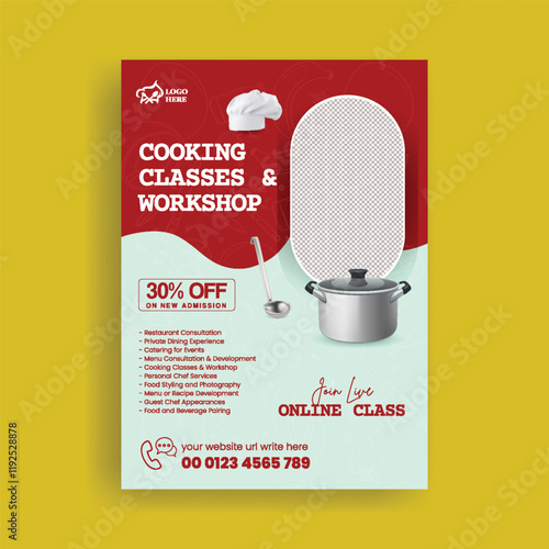 Restaurant chef job hiring, food menu editable print flyer or poster and chef cooking class vertical flyer template with chef character illustration