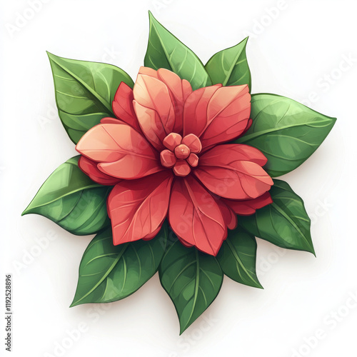 vibrant red flower with green leaves, showcasing cartoony style