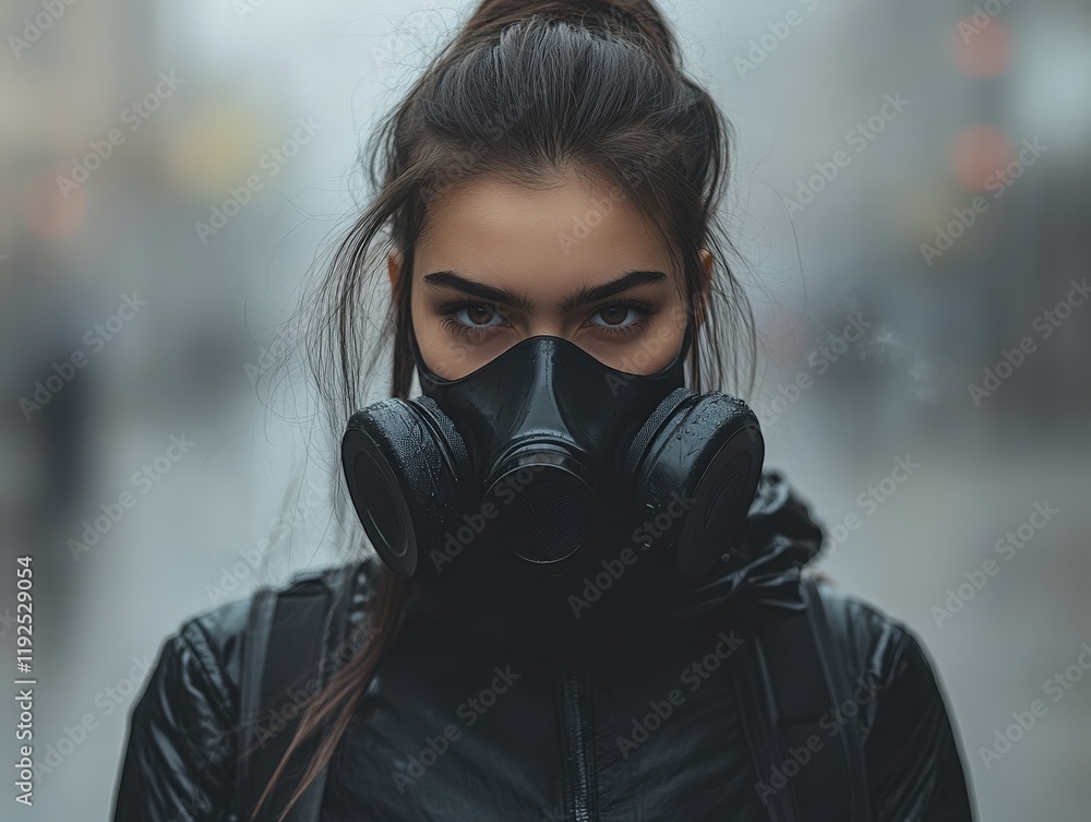 Mysterious woman in a black gas mask, standing outdoors in a hazy urban setting. A captivating portrait with a strong, intense gaze. Mysterious woman in a black gas mask, standing outdoors in a hazy urban setting. A captivating portrait with a strong, intense gaze.