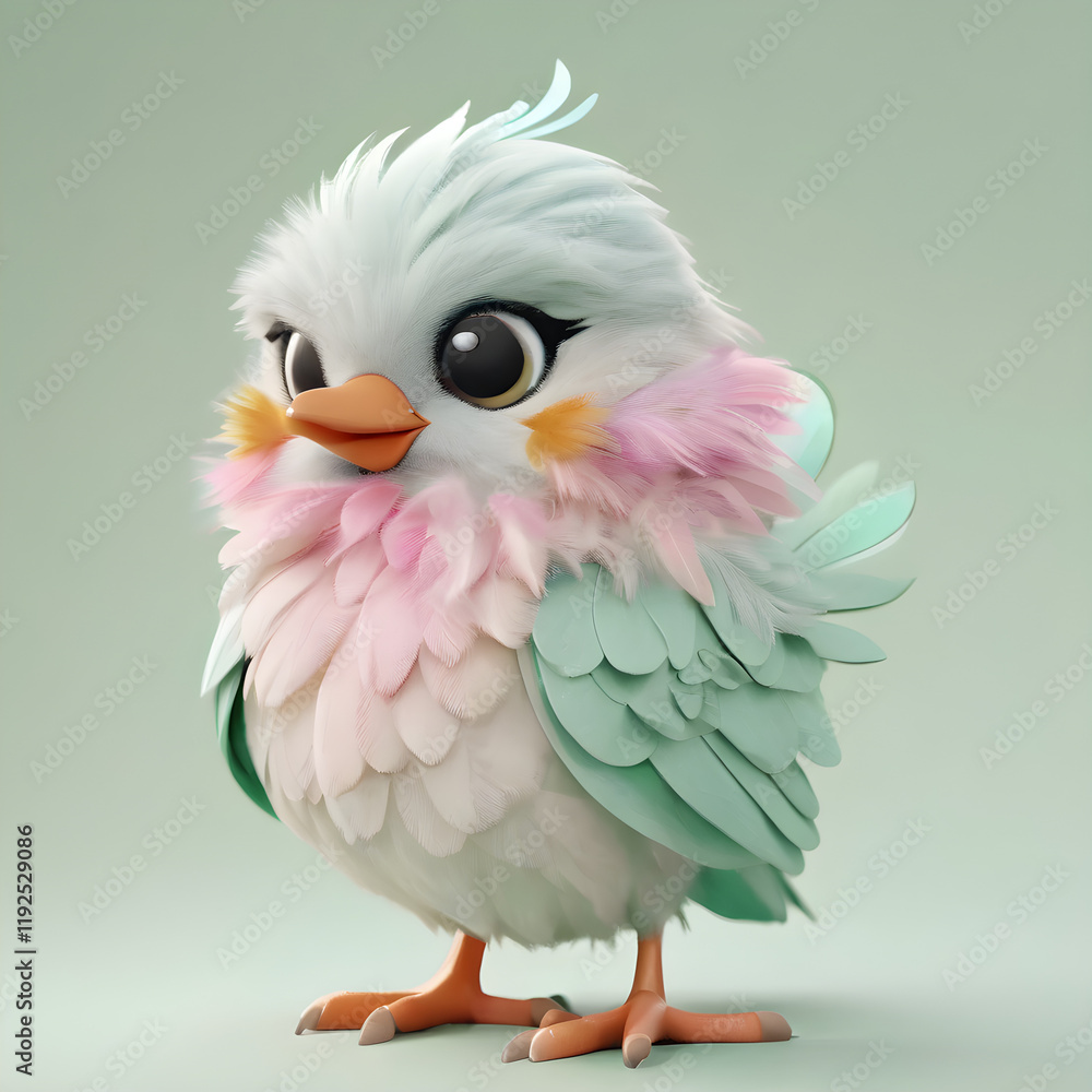 A detailed 3D render of an adorable bird with pastel-colored feathers, perched on a soft pastel green background in 8K A detailed 3D render of an adorable bird with pastel-colored feathers, perched on a soft pastel green background in 8K