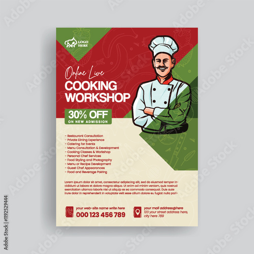 Restaurant chef job hiring, food menu editable print flyer or poster and chef cooking class vertical flyer template with chef character illustration