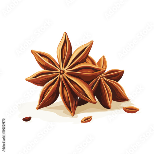 Brown star anise pods with loose seeds scattered around.