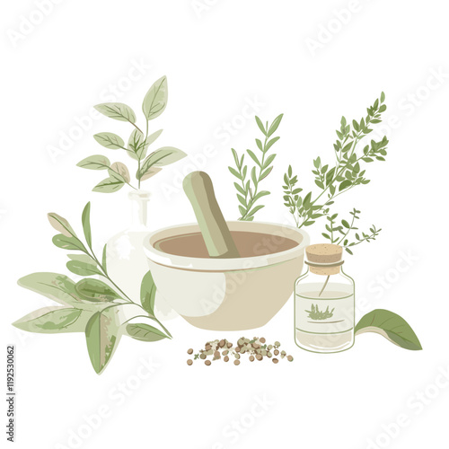 Mortar, pestle, herbs, and bottles suggesting herbal remedies.