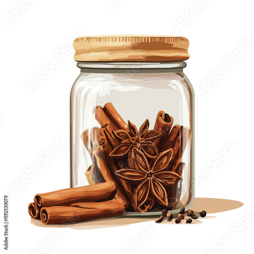 Glass jar with cinnamon sticks and star anise inside.