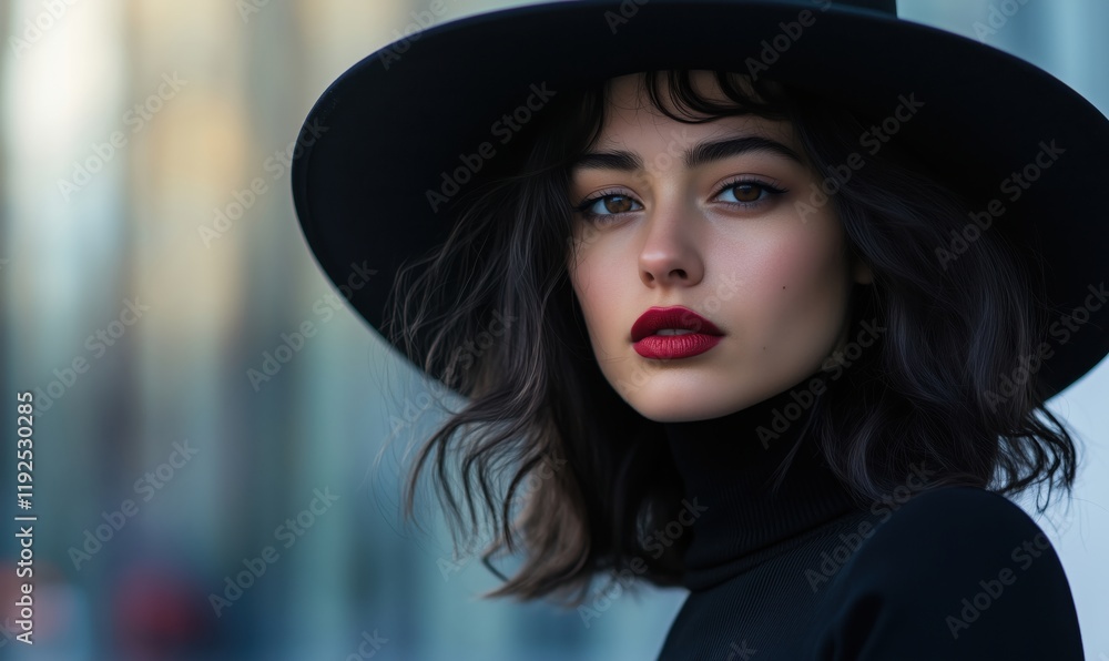 Elegant woman with dark hair and bold red lips wearing a wide-brimmed black hat, showcasing a sophisticated urban style Elegant woman with dark hair and bold red lips wearing a wide-brimmed black hat, showcasing a sophisticated urban style