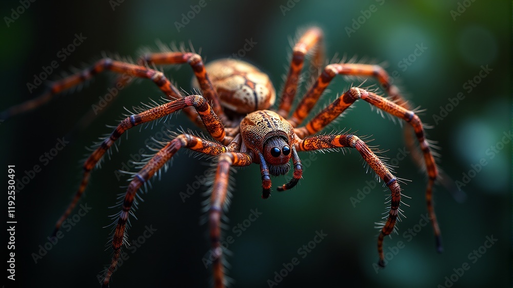 Macro photo of a spider with black eyes floating in the air on an invisible web Macro photo of a spider with black eyes floating in the air on an invisible web
