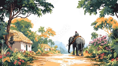 An elephant and mahout travel down a dirt road through a lush tropical landscape, passing traditional thatched-roof huts.