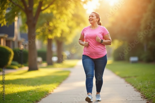 A plus-size woman is taking a brisk walk in her neighborhood, enjoying the fresh air and sunshine. The beautiful scenery and her upbeat playlist keep her motivated on her weight loss journey