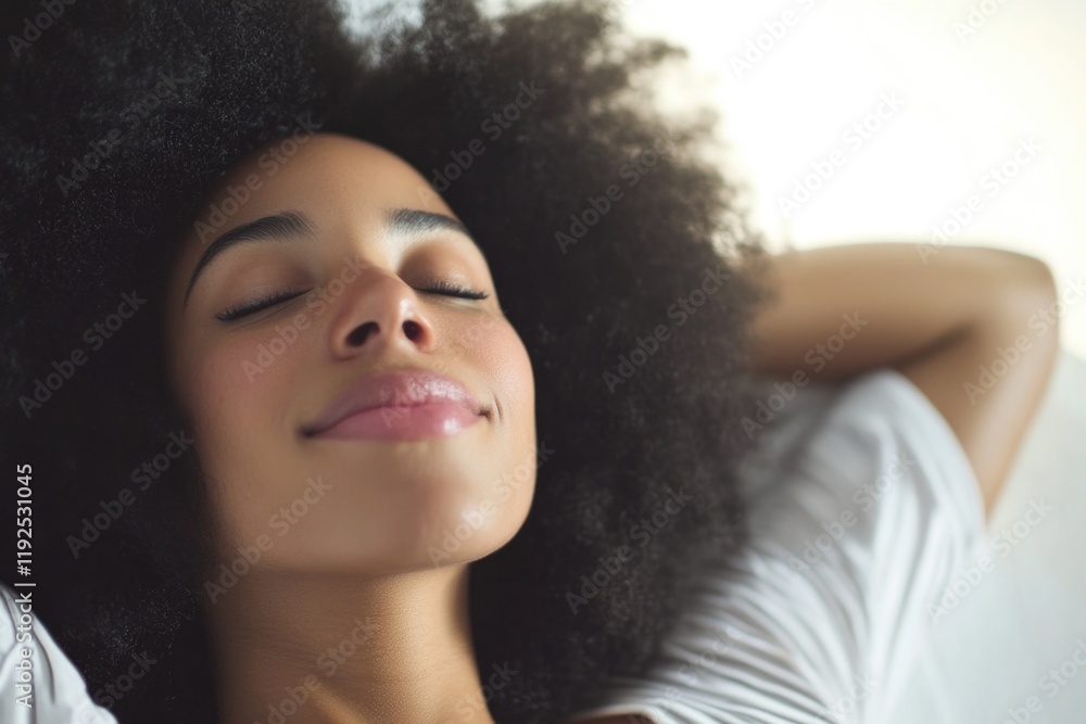 A woman lying down with her eyes closed, likely feeling relaxed and calm A woman lying down with her eyes closed, likely feeling relaxed and calm