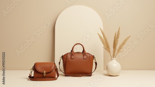 Ethical handbags displayed on a neutral pastel surface with clean minimalist decor