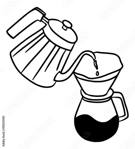 Hand-drawn illustration of a teapot pouring freshly brewed coffee into a serving glass, created in a clean black and white line drawing style. Perfect for minimalist and handmade-inspired designs