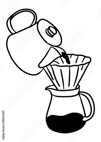 Simple yet detailed line drawing of a teapot pouring brewed coffee into a glass. Ideal for clean, handmade, and artistic projects