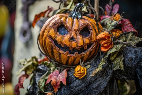 A carved Halloween pumpkin hangs from a tree branch on a spooky autumn evening photo