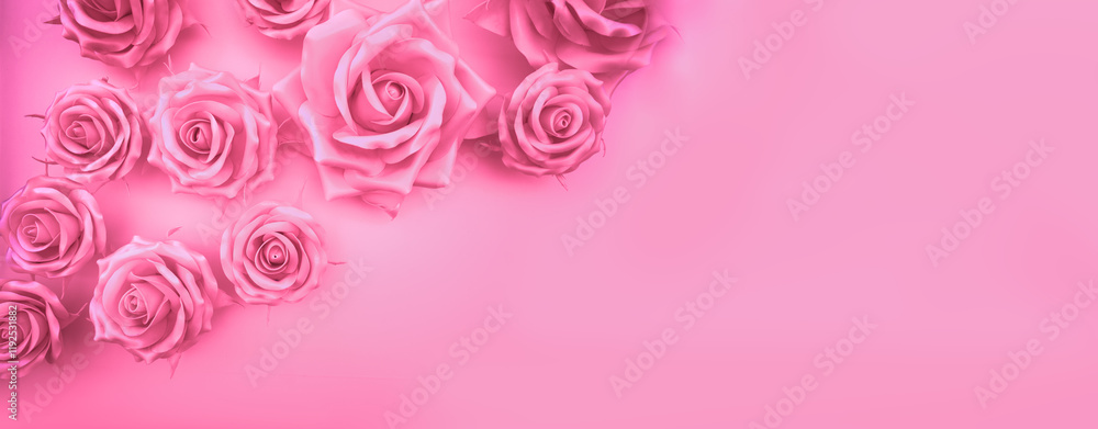 Floral background. Artificial roses on pink background. Horizontal banner