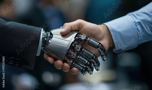 Human-Robot Interaction: Close-Up of Handshake Between Human and Robotic Arm, Symbolizing Collaboration and Technology Integration