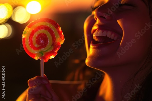 A woman holds a lollipop over her face, a playful gesture photo