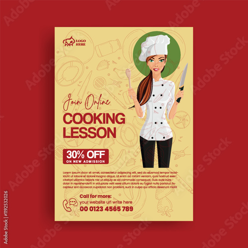 cooking class and Restaurant food print flyer or poster, chef training center poster editable template, restaurant food leaflet , brochure cover with chef character illustration