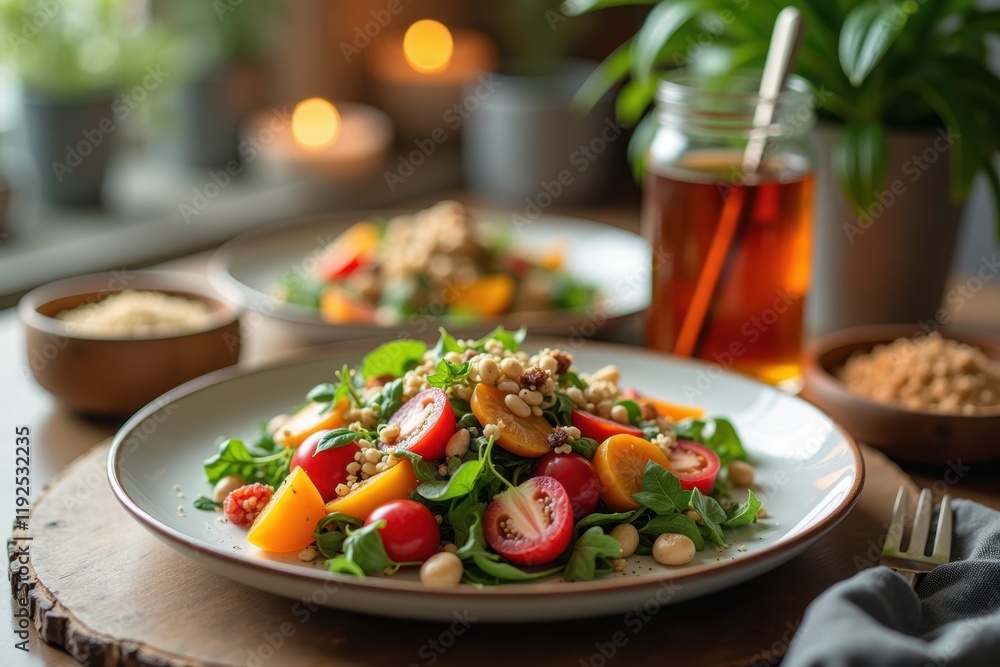 A cozy dining table set with a colorful salad, whole grains, and a glass of herbal tea, with soft lighting creating a warm atmosphere A cozy dining table set with a colorful salad, whole grains, and a glass of herbal tea, with soft lighting creating a warm atmosphere
