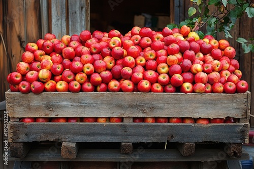 Red apples overflowing wooden crate outside rustic building photo