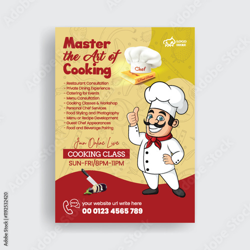 Restaurant chef job hiring a4 vertical print flyer or poster and cooking class flyer editable template with chef character illustration
