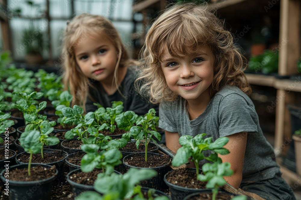 Kids planting saplings in biodegradable pots next to a solar-powered greenhouse, emphasizing future-friendly tech, Kids planting saplings in biodegradable pots next to a solar-powered greenhouse, emphasizing future-friendly tech,