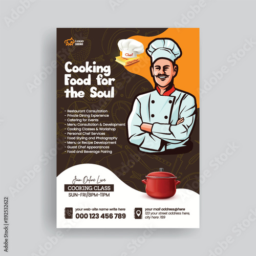 Restaurant chef job hiring a4 vertical print flyer or poster and cooking class flyer editable template with chef character illustration