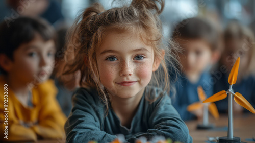 Schoolchildren gathered around a small windmill demonstration, learning about wind power in a bright classroom setting,