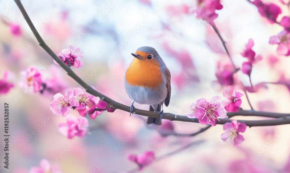 Colorful European Robin perched on branch surrounded by blooming pink flowers, showcasing vibrant spring scenery Colorful European Robin perched on branch surrounded by blooming pink flowers, showcasing vibrant spring scenery