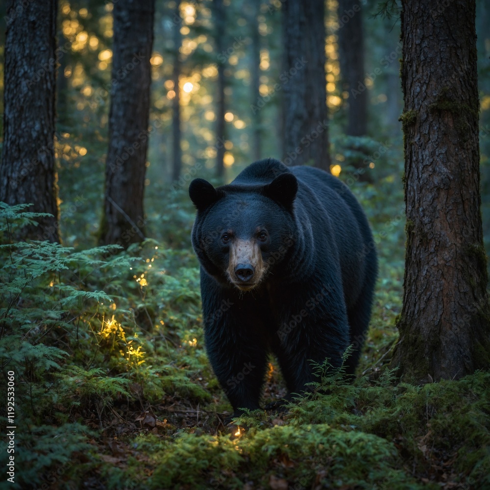 Fototapeta premium A black bear exploring an enchanted forest filled with glowing mushrooms and sparkling streams.
