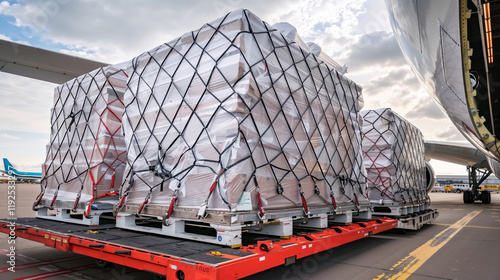 Airport workers loading cargo onto airplane with dollies and nets photo