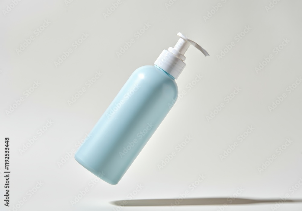 Floating blue pump bottle on light background with shadow Floating blue pump bottle on light background with shadow