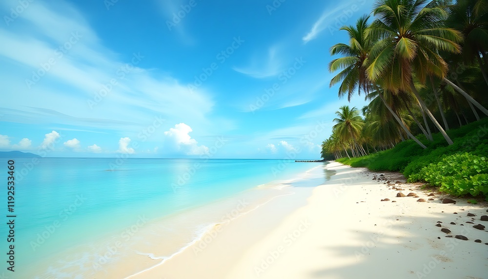 Beautiful summer holiday island beach paradise with clouds, palm trees, and clear waters Beautiful summer holiday island beach paradise with clouds, palm trees, and clear waters