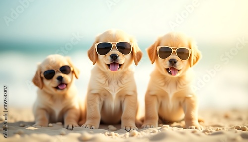 Little puppies wearing sunglasses on the beach viewed against the sea with bokeh background