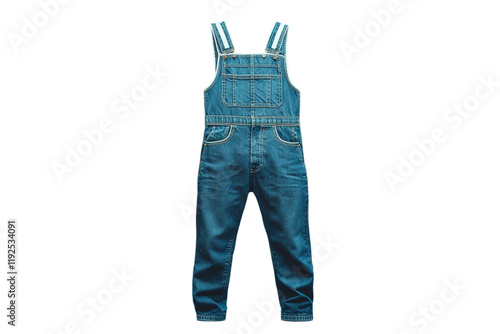 Realistic men's denim overalls on blue, front view.