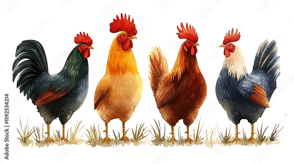 Fototapeta premium Watercolor Illustration of Four Roosters in Different Colors Standing in Grass.