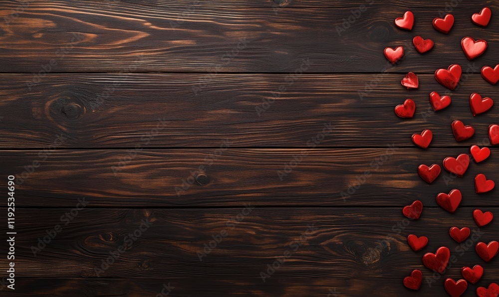 Red hearts scattered on dark wooden background, perfect for romantic themes, Valentine's Day, love messages, or decorative purposes Red hearts scattered on dark wooden background, perfect for romantic themes, Valentine's Day, love messages, or decorative purposes