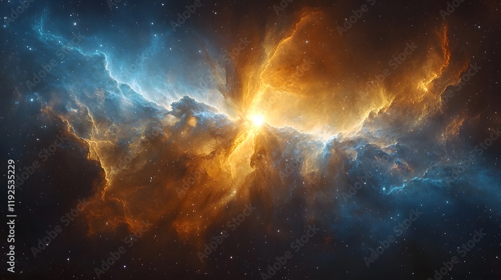 Fototapeta premium Glowing Cosmic Cathedral Radiant Arches of Blue and Gold Light in Vibrant Nebula Background