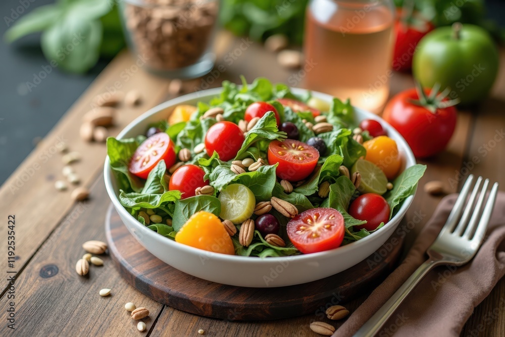 A wooden dining table beautifully arranged with a colorful salad, nuts, seeds, and a glass of detox water, inviting a healthy lifestyle A wooden dining table beautifully arranged with a colorful salad, nuts, seeds, and a glass of detox water, inviting a healthy lifestyle