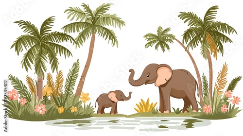 Illustration of a mother and baby elephant by a watering hole surrounded by lush tropical palm trees and flowers.