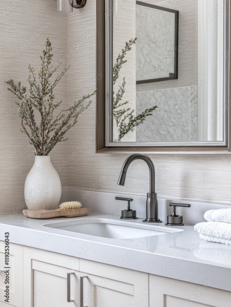 Fototapeta premium Modern Bathroom Vanity Featuring Stylish Fixtures and Decor