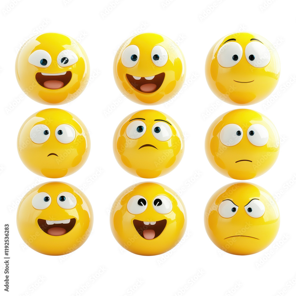 Happy emoji faces expressing various emotions like joy, surprise, and sadness. These vibrant yellow symbols capture range of feelings, perfect for conveying emotions in digital communication Happy emoji faces expressing various emotions like joy, surprise, and sadness. These vibrant yellow symbols capture range of feelings, perfect for conveying emotions in digital communication