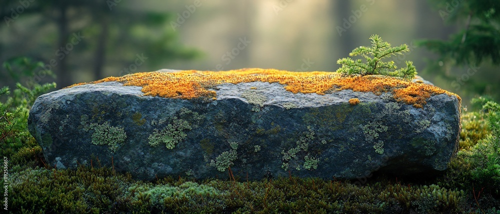 Mossy rock in sunlit forest; nature background Mossy rock in sunlit forest; nature background