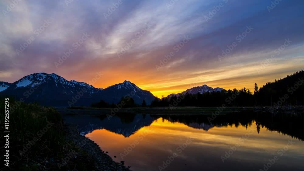 Lockdown Time Lapse Reflection Of Snowcapped Mountains In Lake Under Orange Cloudy Sky At Sunset - Seward, Alaska Lockdown Time Lapse Reflection Of Snowcapped Mountains In Lake Under Orange Cloudy Sky At Sunset - Seward, Alaska