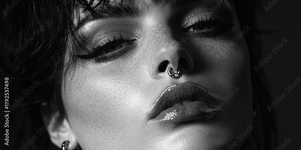 A close-up shot of a woman with a nose piercing, great for beauty and fashion concepts A close-up shot of a woman with a nose piercing, great for beauty and fashion concepts