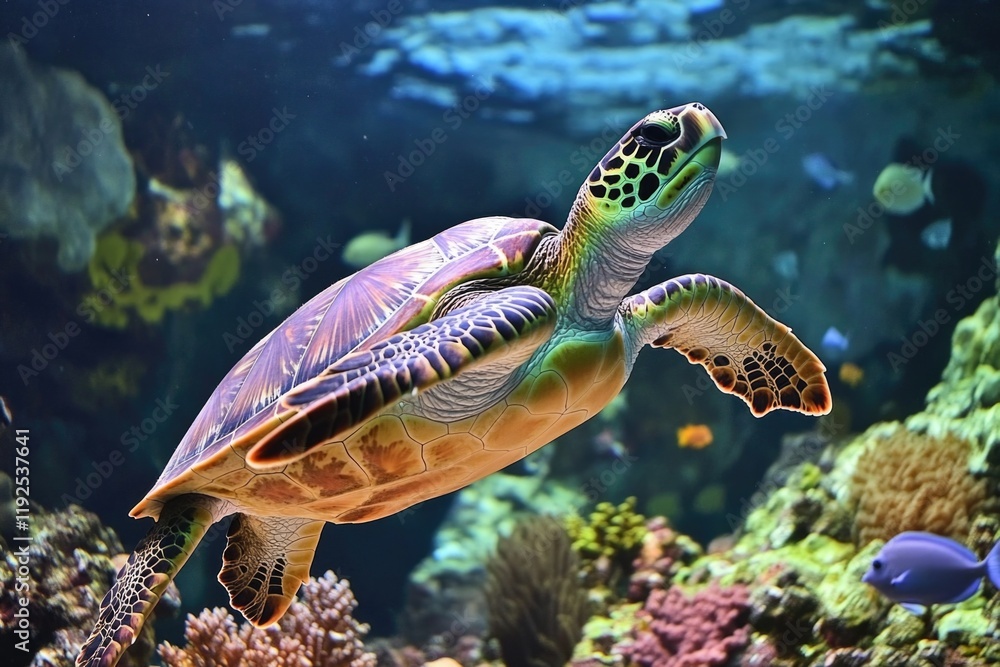 Obraz premium A turtle swims alongside other fish in an aquarium