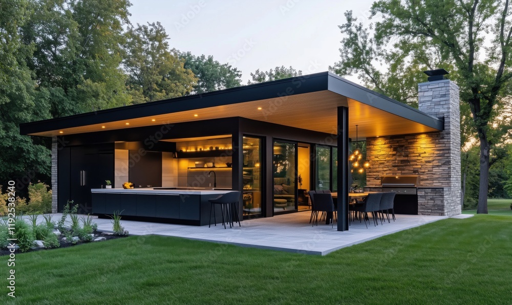 Modern outdoor kitchen and dining area with sleek design, stone accents, and lush greenery Modern outdoor kitchen and dining area with sleek design, stone accents, and lush greenery