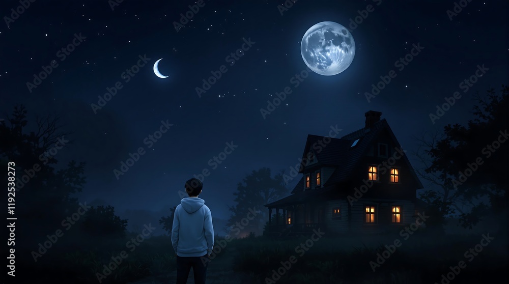 A person stands contemplatively under a night sky filled with stars and a brilliant moon, gazing at a house with warm, inviting light emanating from its windows. A person stands contemplatively under a night sky filled with stars and a brilliant moon, gazing at a house with warm, inviting light emanating from its windows.