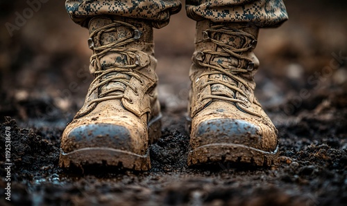 Muddy combat boots in a field. Military training exercise photo