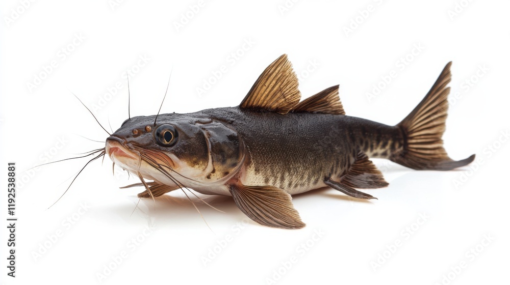 Freshwater Fish with Whiskers and a Streamlined Body, Showcasing Unique Patterns and Textures, Captured Against a White Background for Stunning Visual Appeal Freshwater Fish with Whiskers and a Streamlined Body, Showcasing Unique Patterns and Textures, Captured Against a White Background for Stunning Visual Appeal